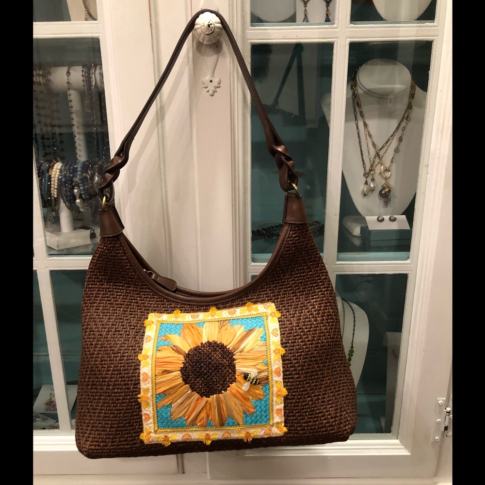 Bee & Sunflower Needlepoint On Brown Fossil  Shoulder Bag, Hand Crafted, NWOT